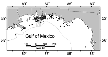 Graph: Recapture locations of red snapper initially caught and tagged off Alabama.